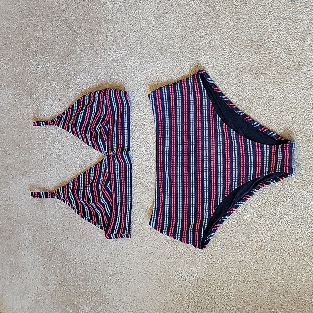 aerie Navy Blue Pink Striped High-Waist Bikini